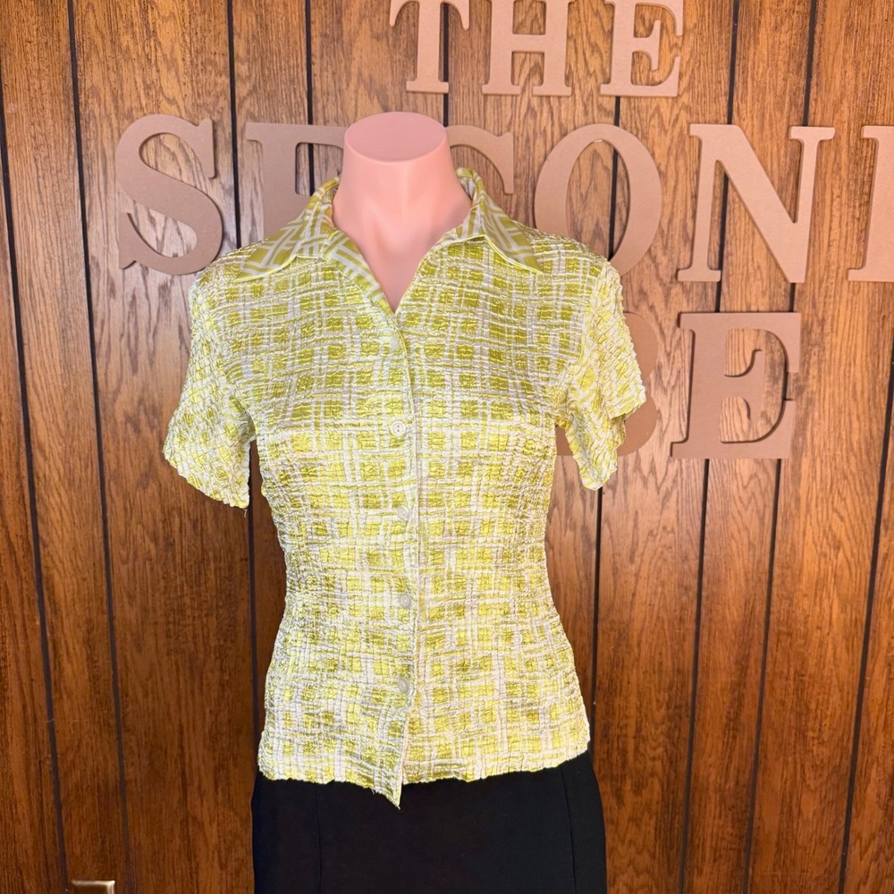 Vintage Y2K Lime Green Plaid Retro Popcorn Crinkle Top XS McBling Twee Indie
